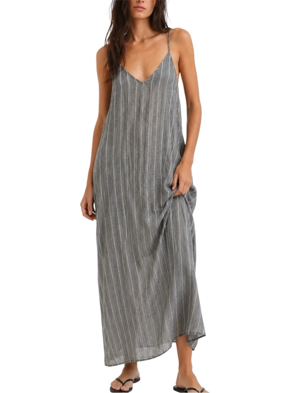 One Size Elan Gray Stripe Gauze Beach Cover Up Maxi Dress NWOT